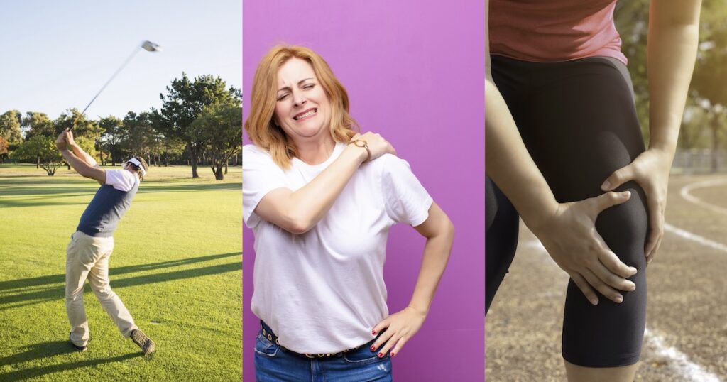 golfer, upper back pain, and knee pain